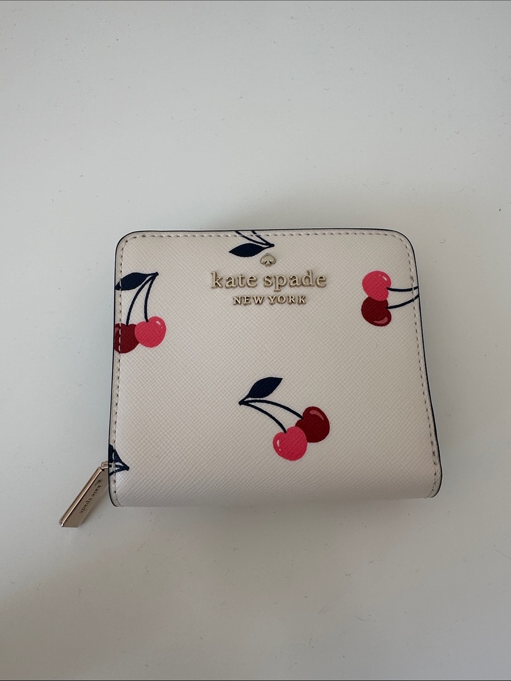 kate spade White Cherry Zip Around Wallet with Gold Logo